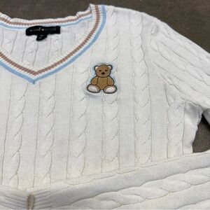 Social Scene Teddy Bear Cable Knit V-Neck Sweater